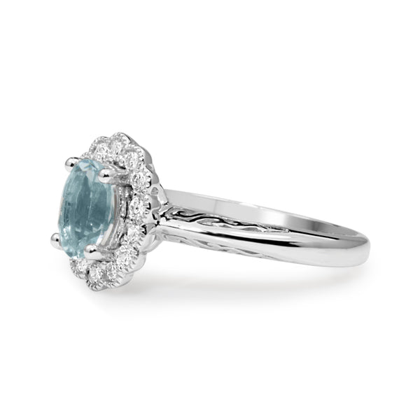 9ct White Gold Aquamarine and Diamond Daisy Ring