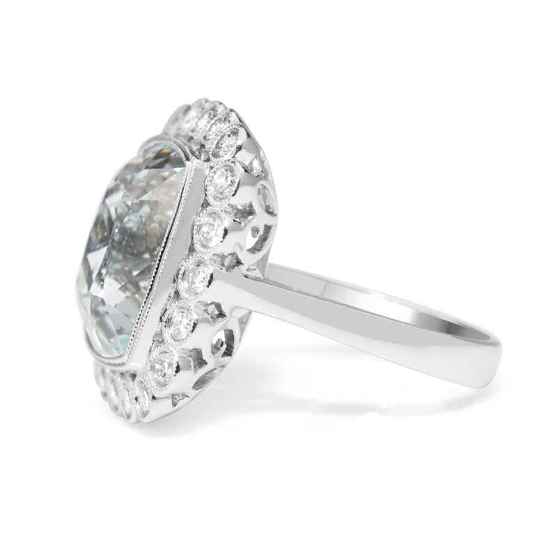 18ct White Gold Vintage Style Aquamarine and Diamond Halo Ring