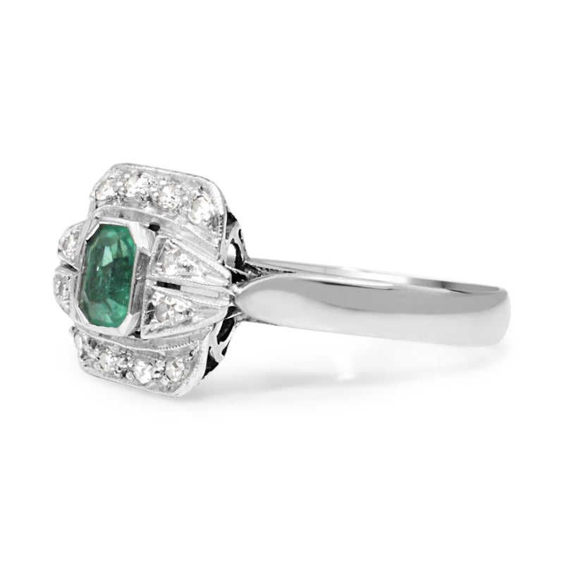 Palladium Art Deco Emerald and Single Cut Diamond Ring