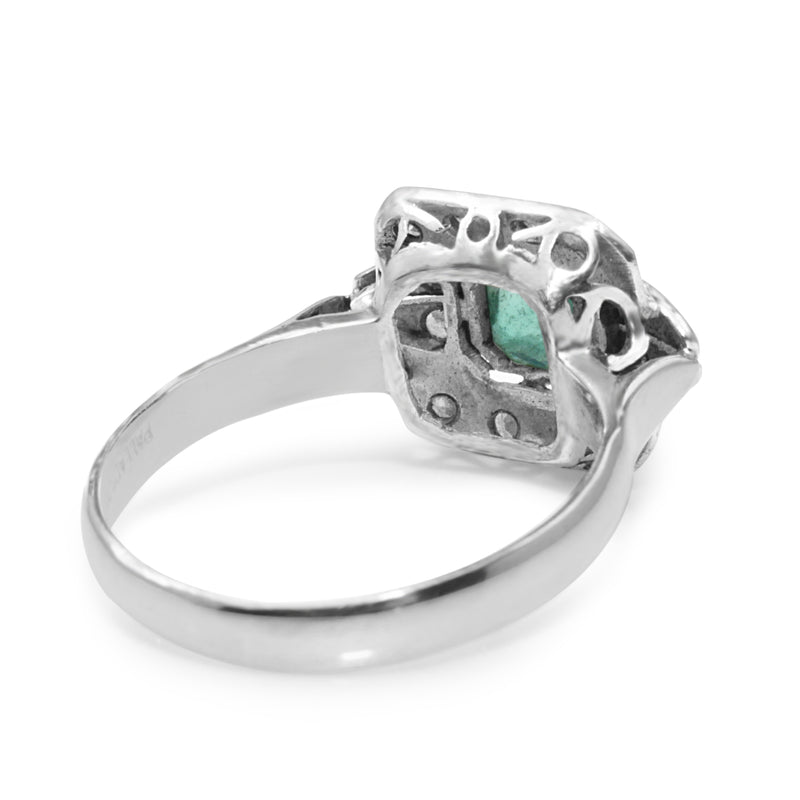 Palladium Art Deco Emerald and Single Cut Diamond Ring