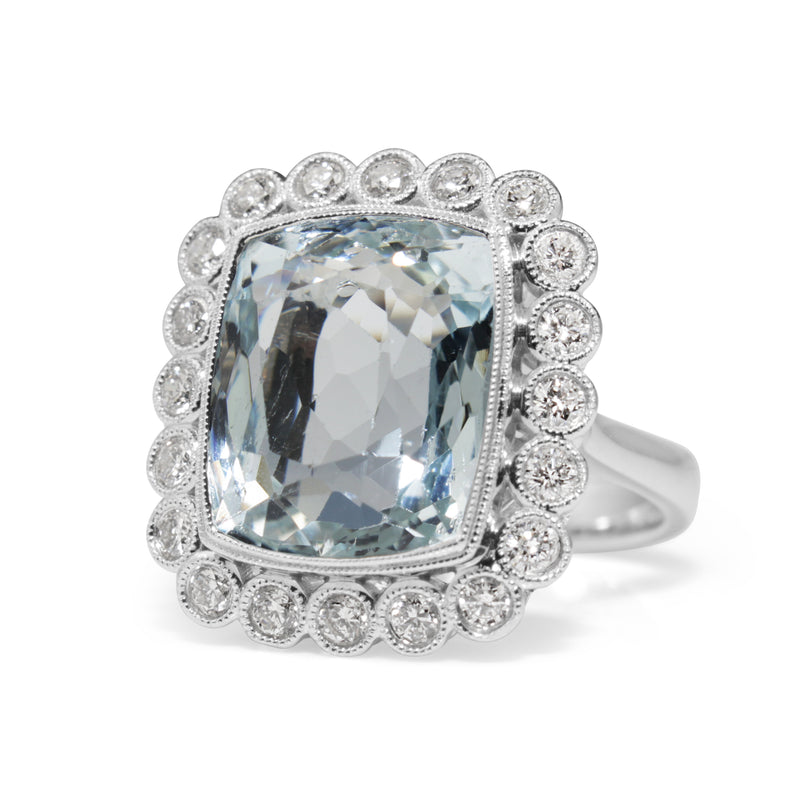 18ct White Gold Vintage Style Aquamarine and Diamond Halo Ring