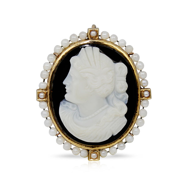 14ct Yellow Gold Antique Cameo and Pearl Brooch / Enhancer