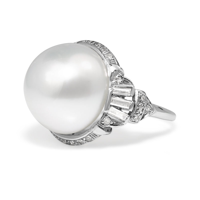 Platinum Vintage South Sea 14mm Pearl and Diamond Ring