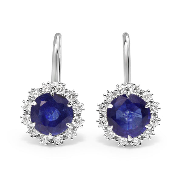 18ct White Gold Treated Sapphire and Diamond Halo Drop Earrings