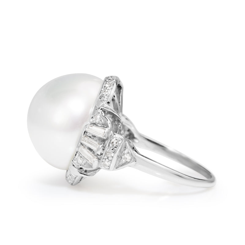 Platinum Vintage South Sea 14mm Pearl and Diamond Ring