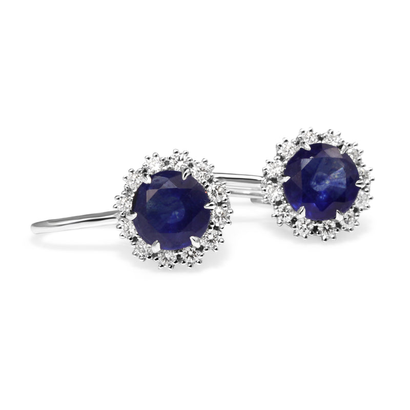 18ct White Gold Treated Sapphire and Diamond Halo Drop Earrings