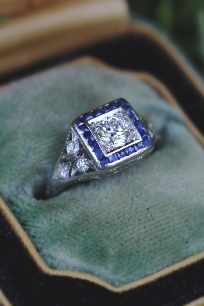 Platinum Art Deco Old Cut Diamond and Sapphire Ring