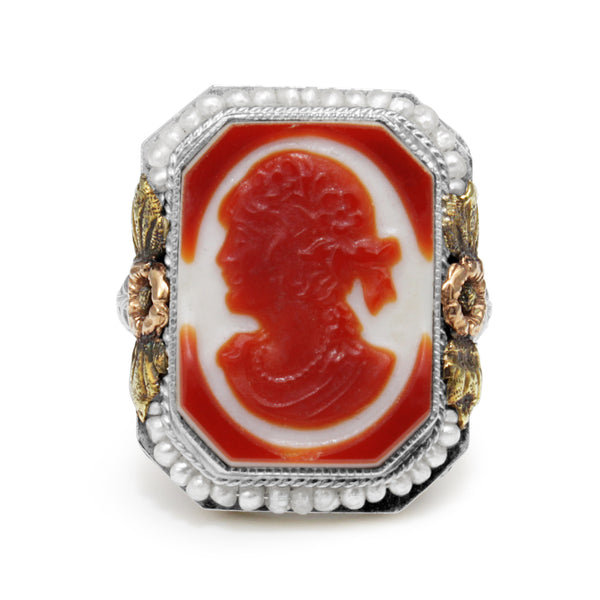 14ct White, Rose and Yellow Gold Art Deco Pearl and Agate Cameo Ring