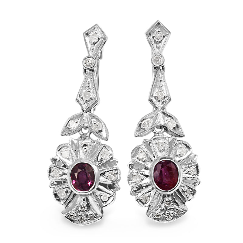 Palladium Ruby and Diamond Late Deco Earrings