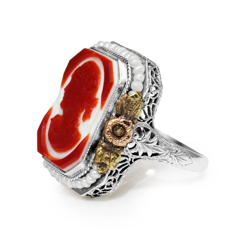 14ct White, Rose and Yellow Gold Art Deco Pearl and Agate Cameo Ring