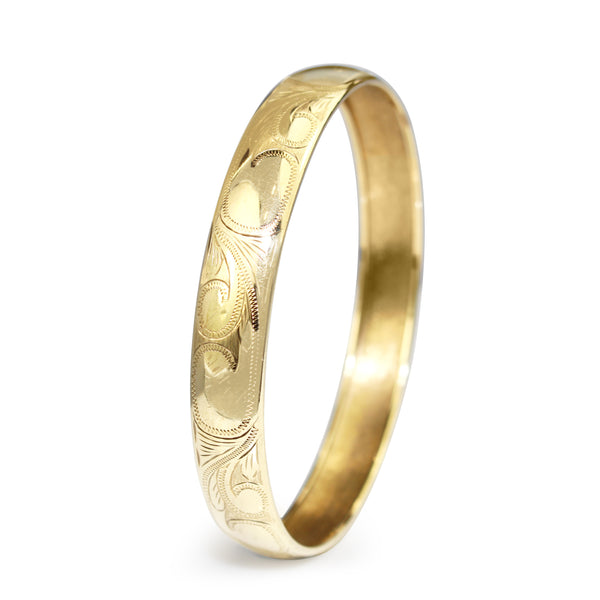 9ct Yellow Gold Engraved Round Bangle