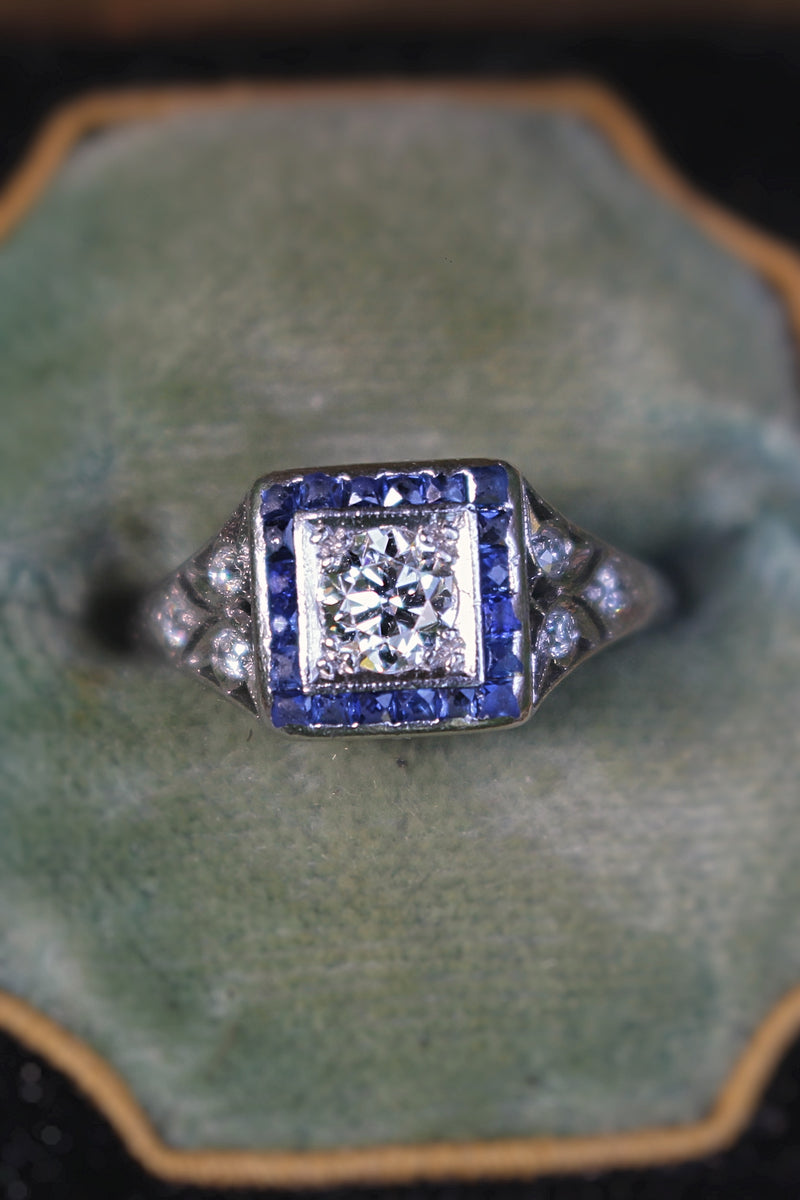 Platinum Art Deco Old Cut Diamond and Sapphire Ring