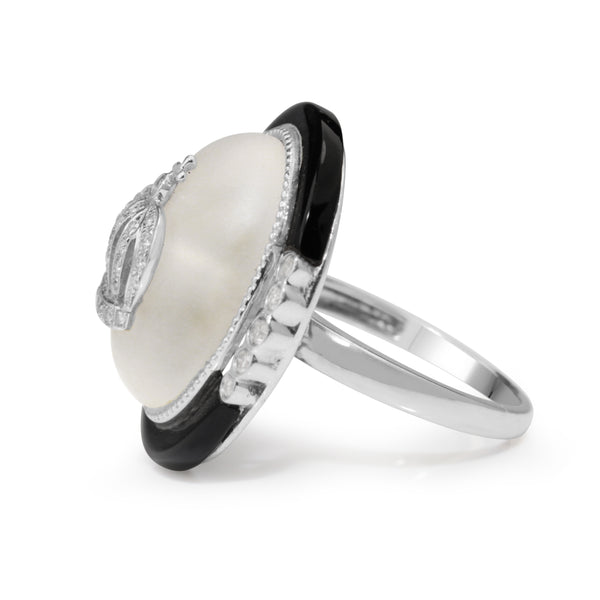 18ct White Gold Rock Crystal, Onyx and Diamond Ring