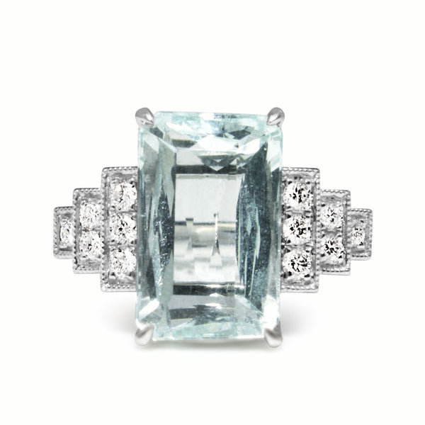 18ct White Gold Aquamarine and Diamond Step Down Style Ring