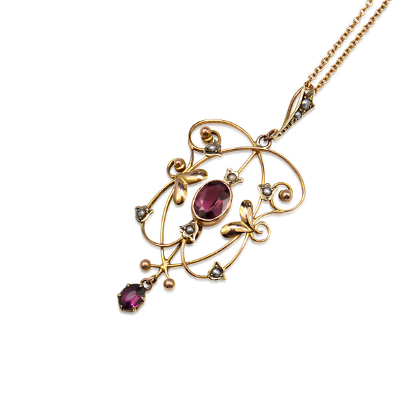 9ct Yellow Gold Antique Garnet and Pearl Pendant