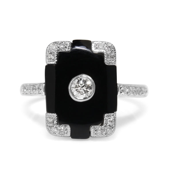 9ct White Gold Art Deco Style Onyx and Diamond Ring