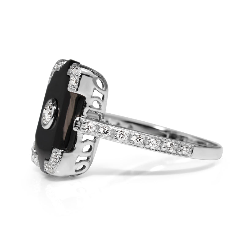 9ct White Gold Art Deco Style Onyx and Diamond Ring