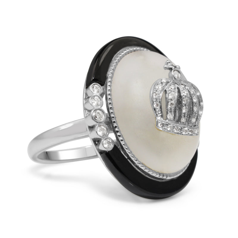 18ct White Gold Rock Crystal, Onyx and Diamond Ring