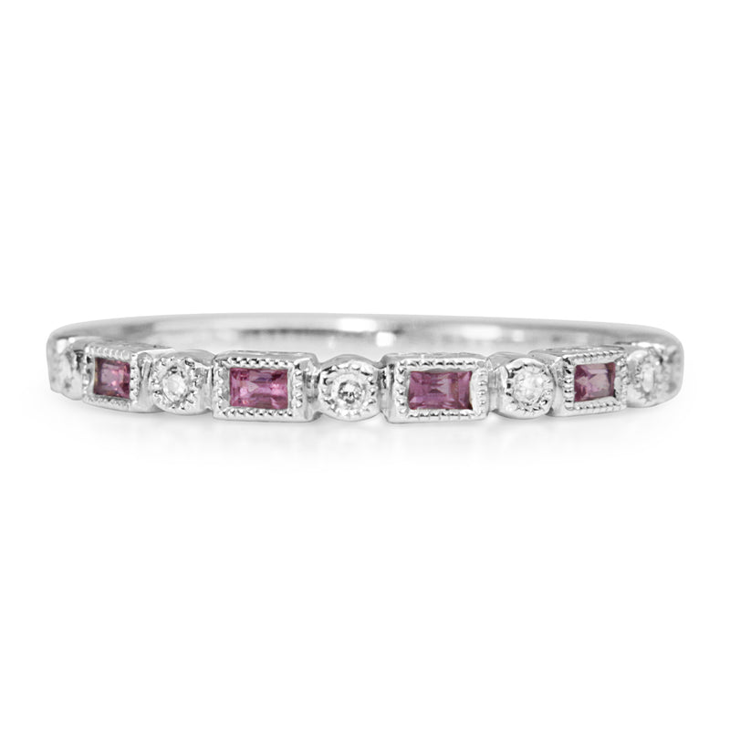 18ct White Gold Pink Sapphire and Diamond Deco Style Band