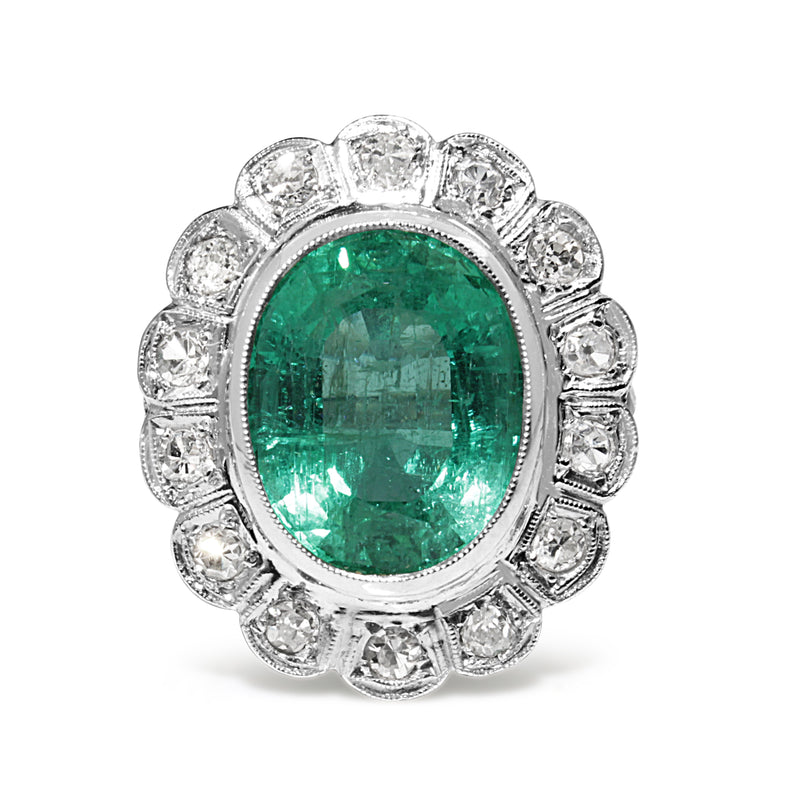 Platinum Art Deco Old Cut Diamond and Emerald Cluster Ring