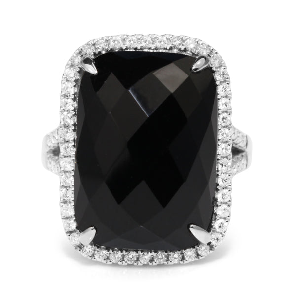18ct White Gold Faceted Onyx and Diamond Cocktail Ring