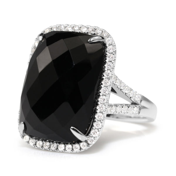 18ct White Gold Faceted Onyx and Diamond Cocktail Ring