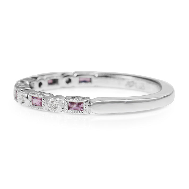 18ct White Gold Pink Sapphire and Diamond Deco Style Band