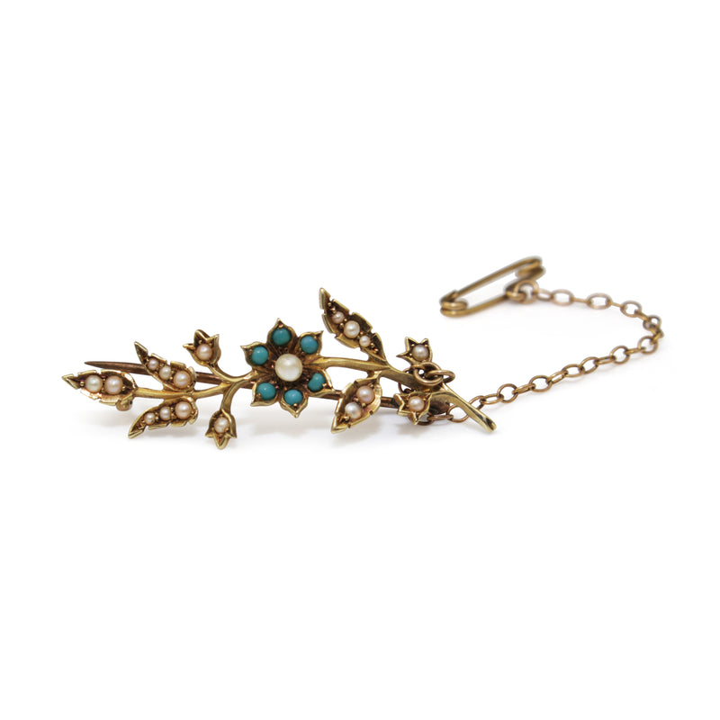 15ct Yellow Gold Antique Turquoise and Pearl 'Forget Me Not' Brooch