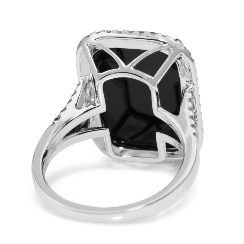 18ct White Gold Faceted Onyx and Diamond Cocktail Ring