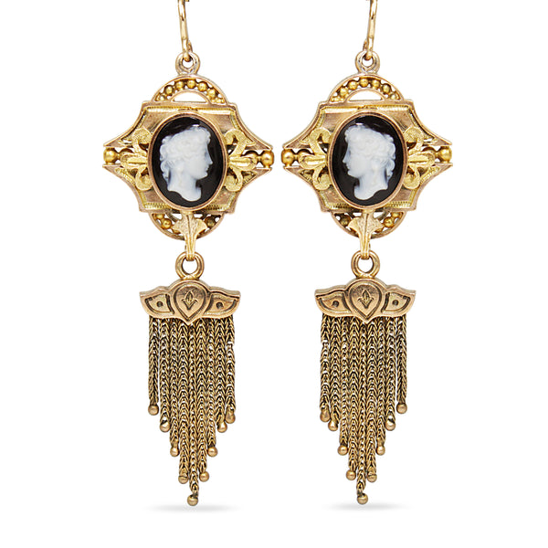 15ct Yellow Gold Antique Cameo Tassel Drop Earrings