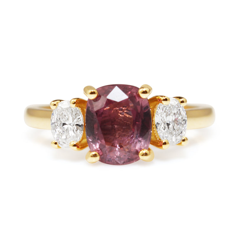 18ct Yellow Gold Pink Sapphire and Diamond 3 Stone Ring
