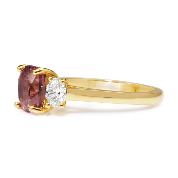 18ct Yellow Gold Pink Sapphire and Diamond 3 Stone Ring