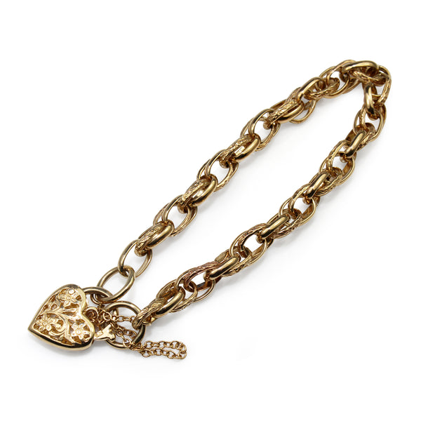 9ct Yellow Gold Fancy Link Etched Bracelet with Padlock
