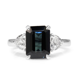 18ct White Gold Emerald Cut Sapphire and Diamond Heart 3 Stone Ring