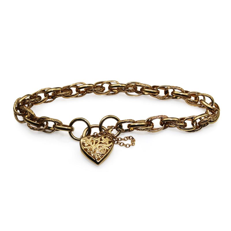 9ct Yellow Gold Fancy Link Etched Bracelet with Padlock