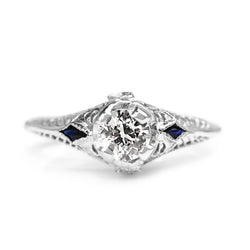 14ct White Gold Antique Old Cut Diamond and Sapphire Ring