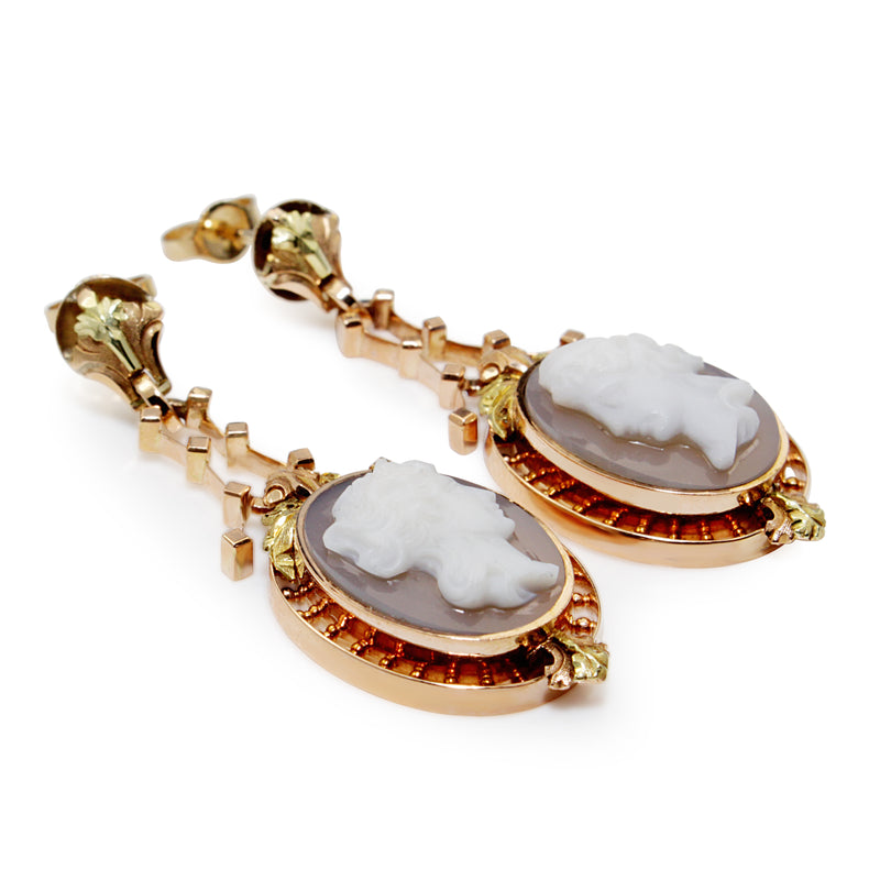 14ct Yellow and Rose Gold Antique Cameo Drop Earrings