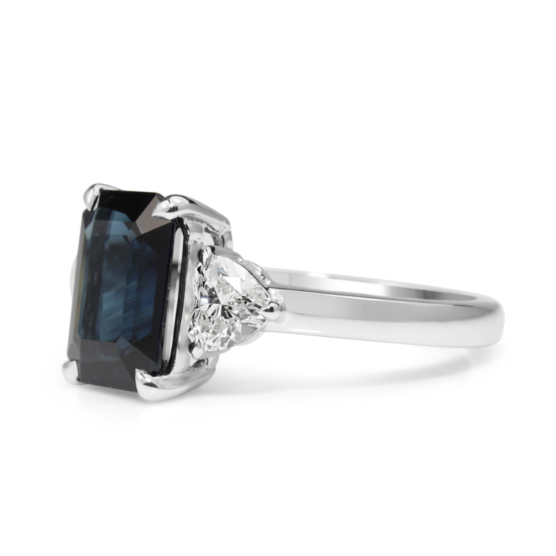 18ct White Gold Emerald Cut Sapphire and Diamond Heart 3 Stone Ring