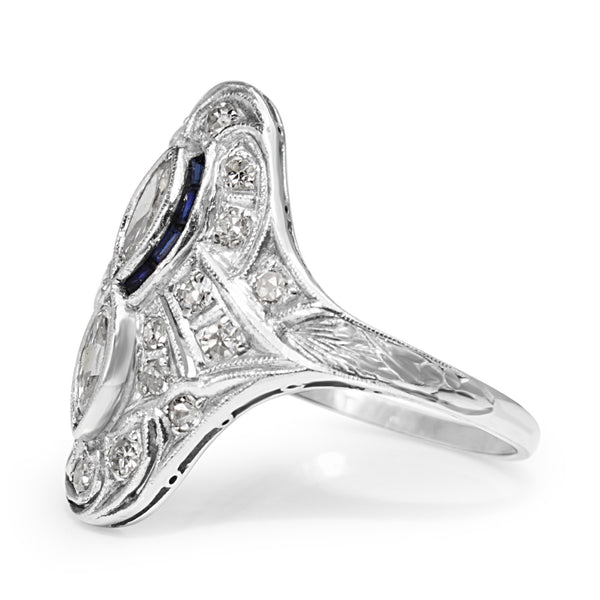 Platinum Art Deco Diamond and Sapphire Ring