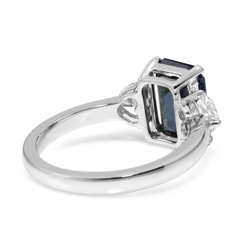 18ct White Gold Emerald Cut Sapphire and Diamond Heart 3 Stone Ring