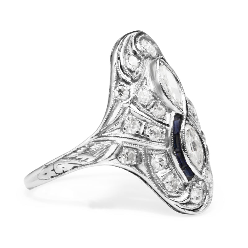 Platinum Art Deco Diamond and Sapphire Ring