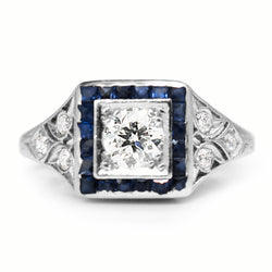 Platinum Art Deco Old Cut Diamond and Sapphire Ring