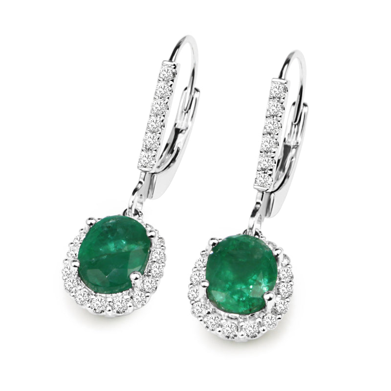 18ct White Gold Emerald and Diamond Drop Earrings