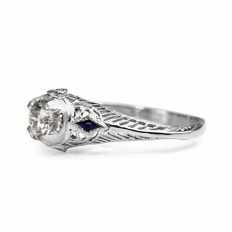 14ct White Gold Antique Old Cut Diamond and Sapphire Ring