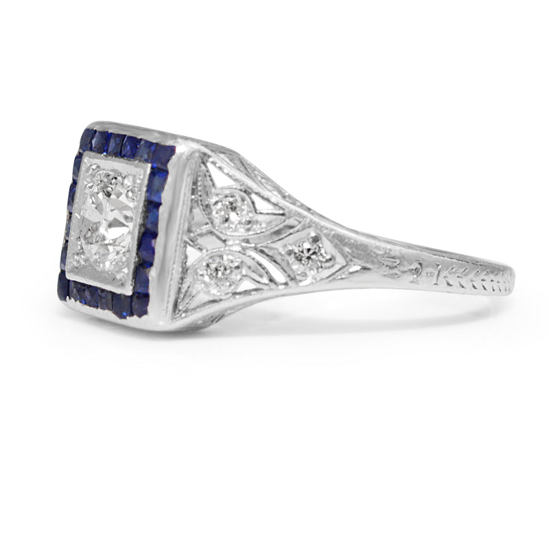 Platinum Art Deco Old Cut Diamond and Sapphire Ring