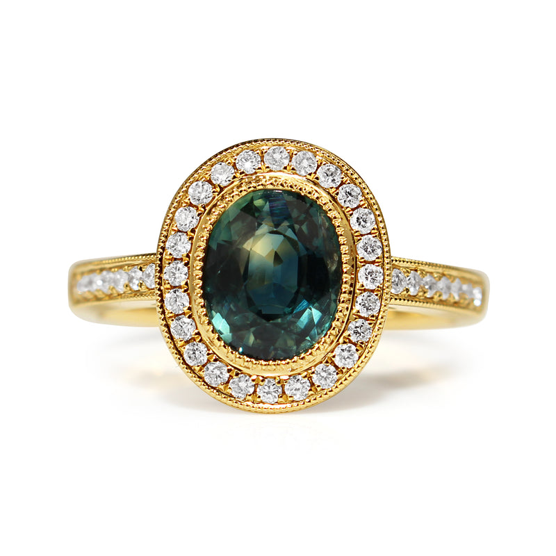 18ct Yellow Gold Teal Sapphire Diamond Halo Ring