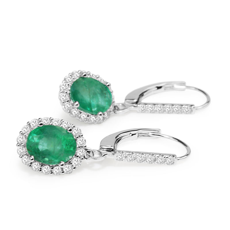 18ct White Gold Emerald and Diamond Drop Earrings
