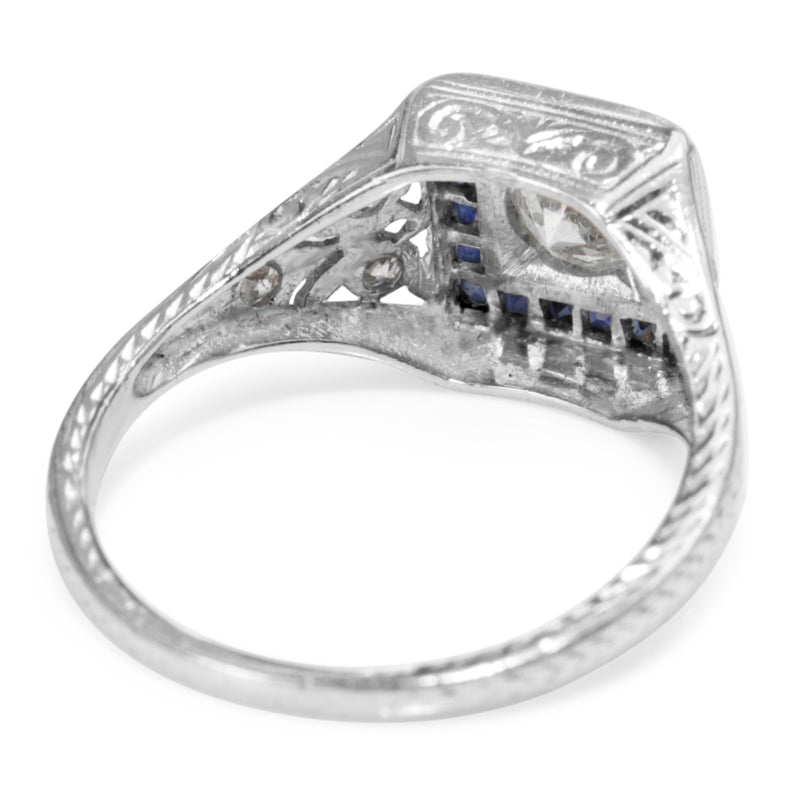 Platinum Art Deco Old Cut Diamond and Sapphire Ring