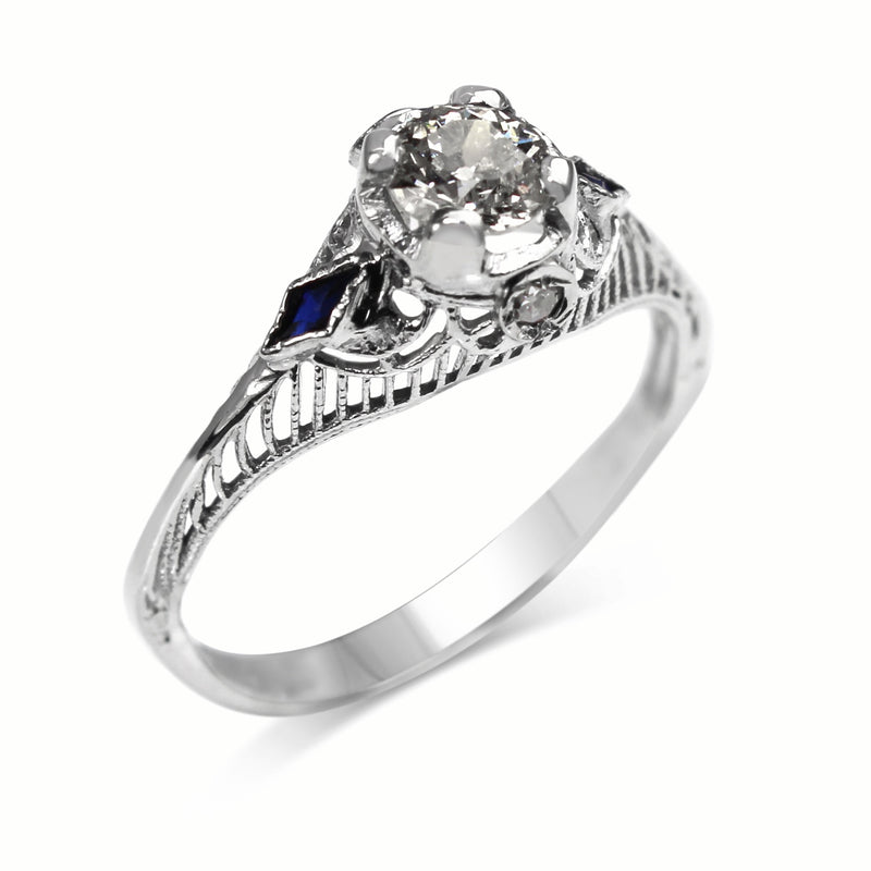 14ct White Gold Antique Old Cut Diamond and Sapphire Ring