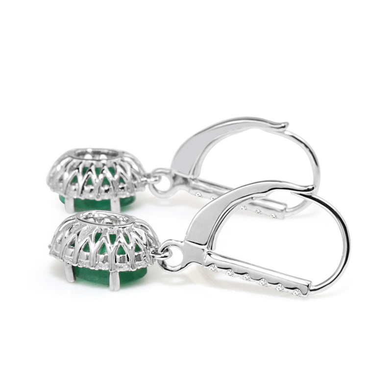 18ct White Gold Emerald and Diamond Drop Earrings